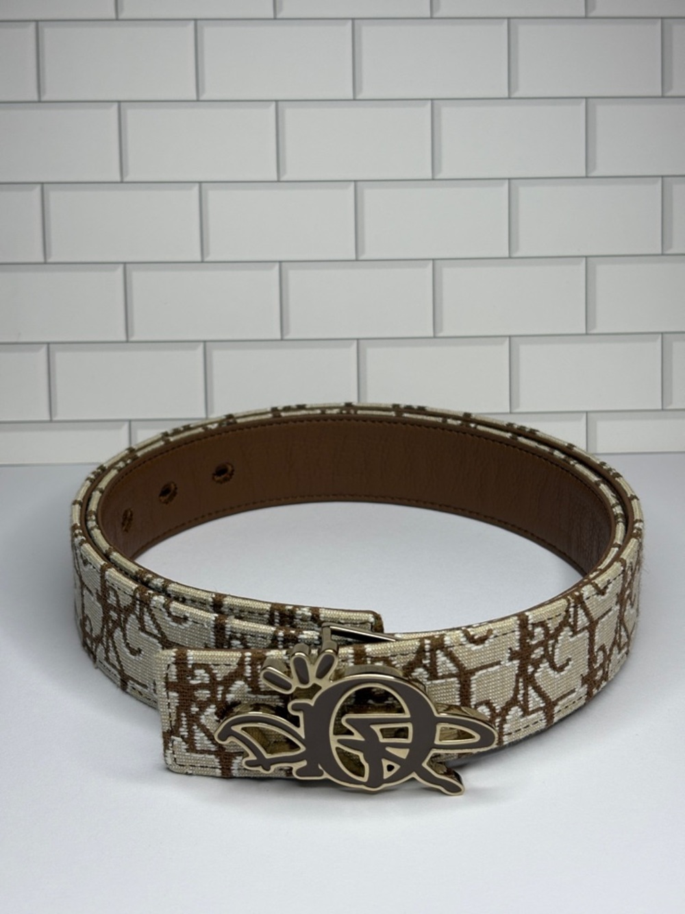 Dior x Travis Scott Beige and Brown Monogram Canvas Belt with Logo Buckle